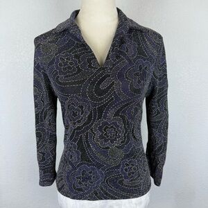 Vintage Sarah B Studio Sparkle Black and Purple Floral Design‎ Women's Top